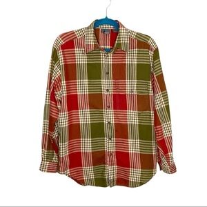 Liz Wear 100% Cotton Fall Cozy Red and Green Plaid Button Front Shirt